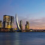 A Bridge with a city backdrop at dusk