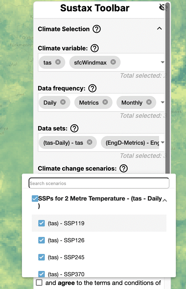 Sustax Toolbar focused on SSPs for 2 Metre Temperature