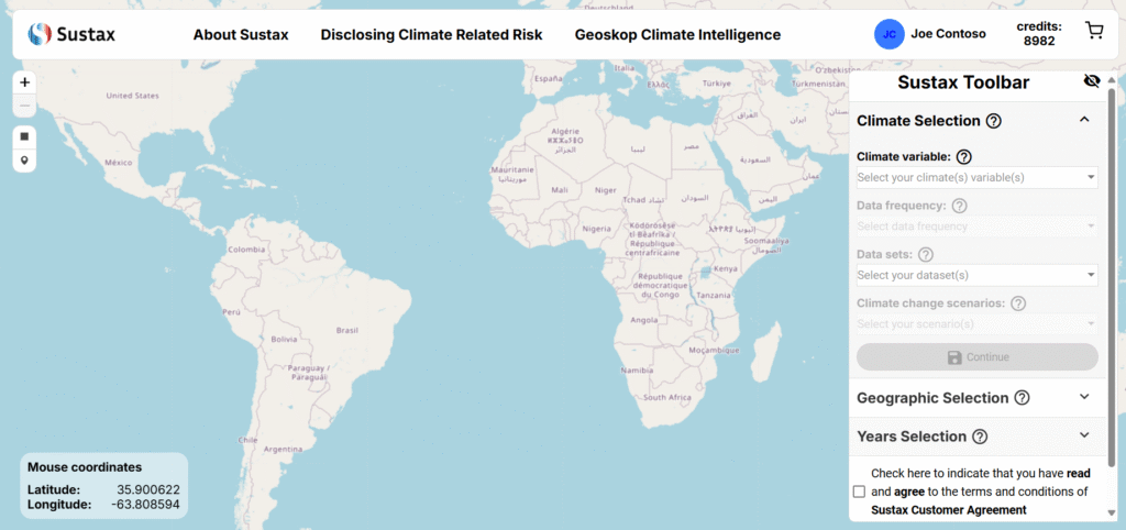Global climate risk analysis map on Sustax platform illustrating climate variables worldwide for environmental impact assessments.