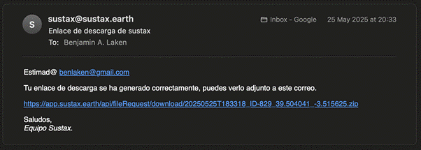 Visualisation of the email received with the link to download your data from Sustax