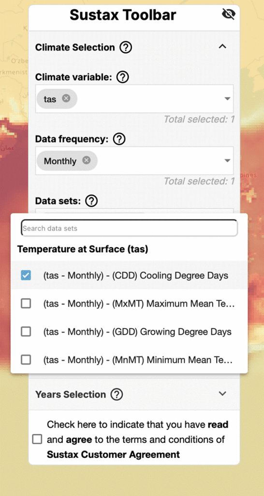 Sustax Toolbar with list of datasets to be used