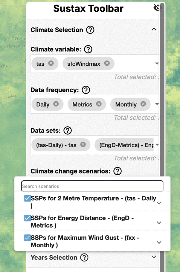 Sustax Toolbar with a list of  Climate change scenarios to be included