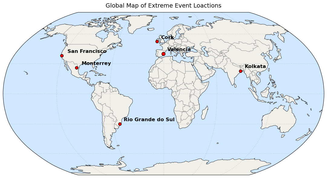 World map with extreme event locations highlighted